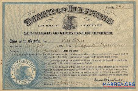 Realistic United States Public health of State of Illinois birth certificate example
